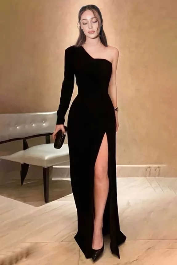 Black Velvet One Shoulder Full Sleeves Slit Maxi Dress
