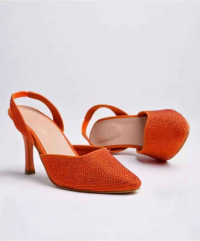 Orange rhinestone heels