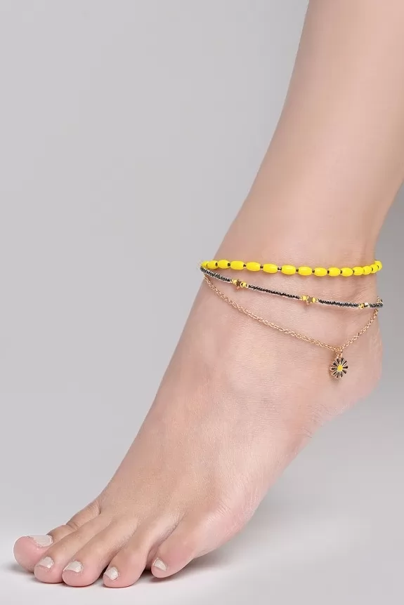 Yellow Beaded Layered Anklet
