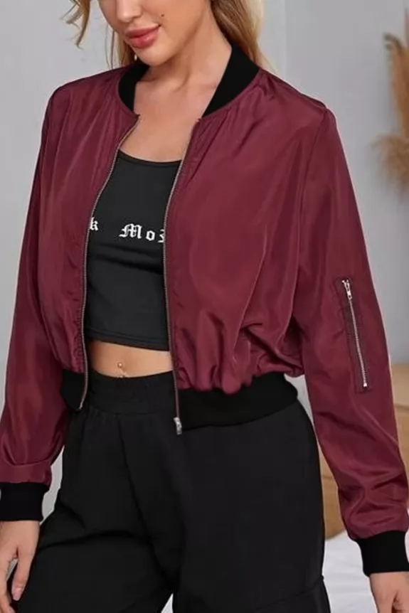 Women Maroon Solid Long Sleeves Bomber Jacket Street Style Store SSS