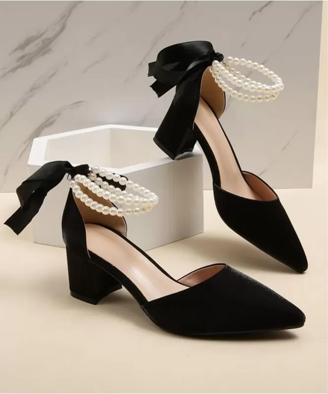 Elegant white pearl black heels 