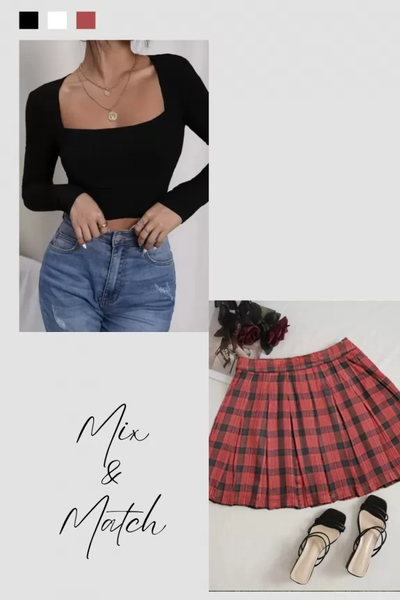 Set of 2- Black Top & Red Checked Skirt