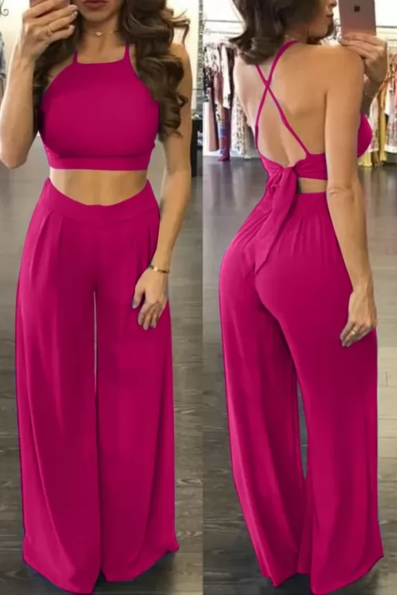 Set of 2- Hot Pink Crop Top With High waist Trouser