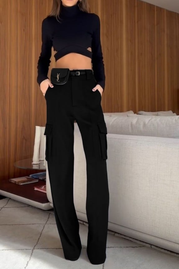 Set Of 2-Black Crop Top With Cargo Style Pants