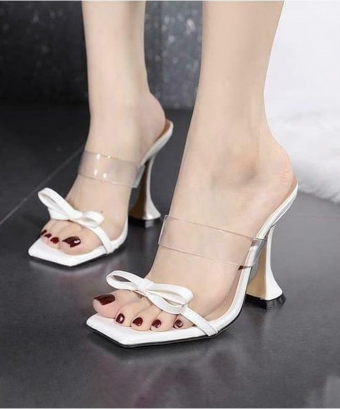 White bow transparent strap heels
