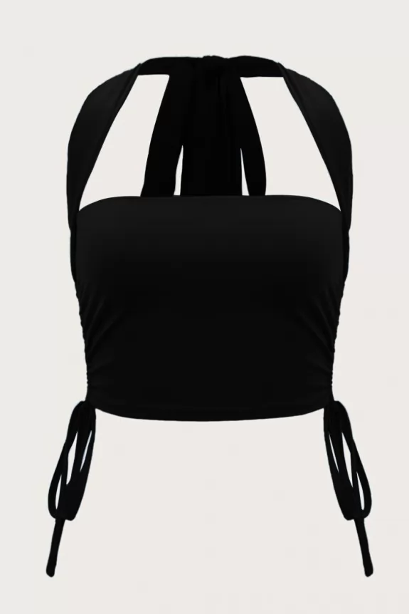 Black Tie Backless Drawstring Crop Halter Top | Street Style Store | SSS