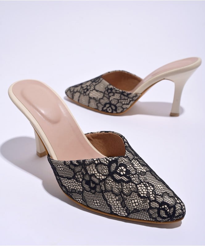 Black mesh cream heels