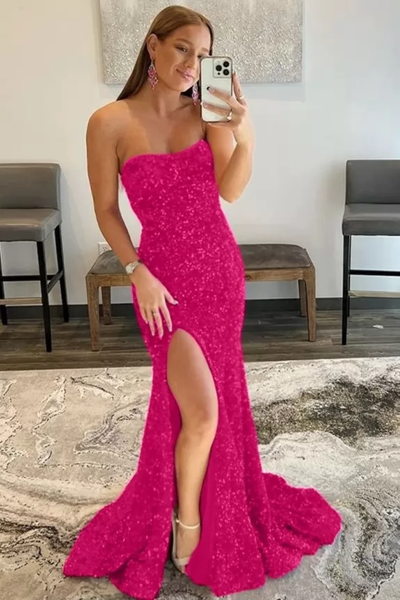 Pink Sequins Thigh Slit Tube Prom Dress
