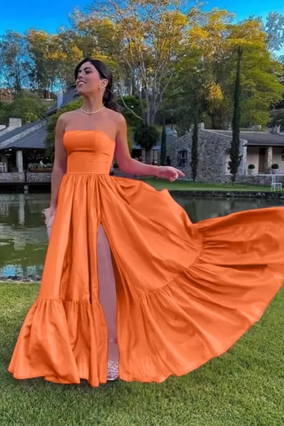  Cotton Orange Strapless Prom Dresses