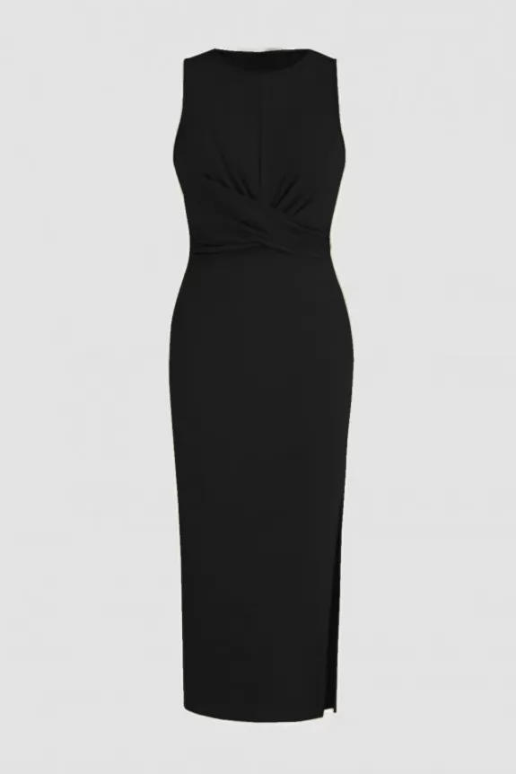  Black Rib Solid Sleeveless Cross Split Midi Dress