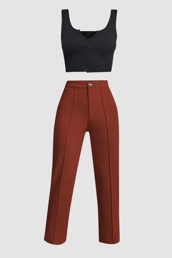 Set of 2 - Brown Pants With Black Crop Top