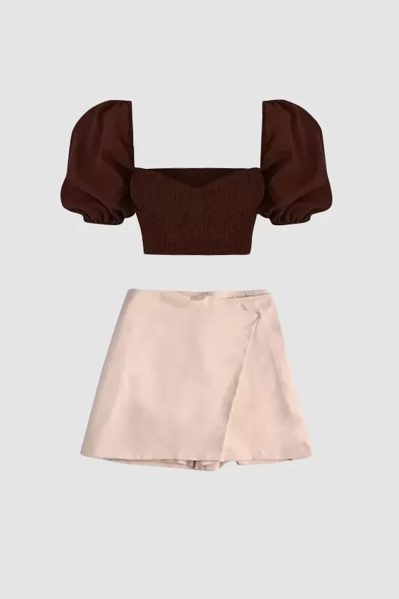 Set of 2 - Brown Crop Top With Beige Skirt