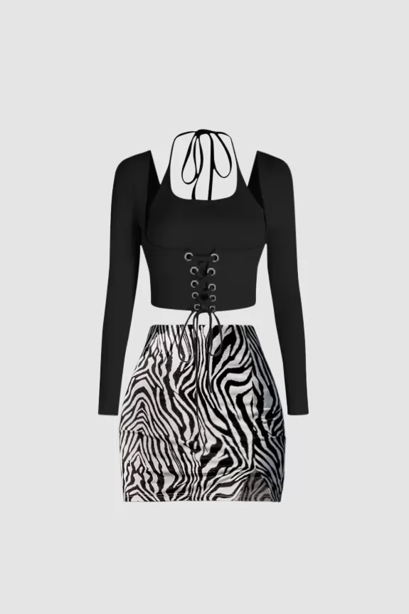 black top & zebra print skirt set