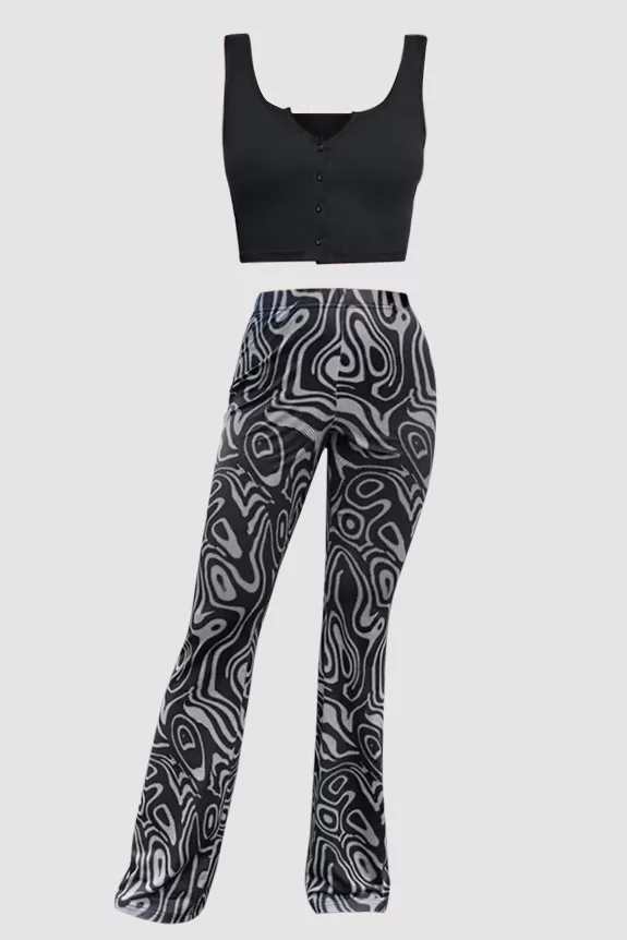 Set of 2 - Black Cami Top With Marble Print Trouser