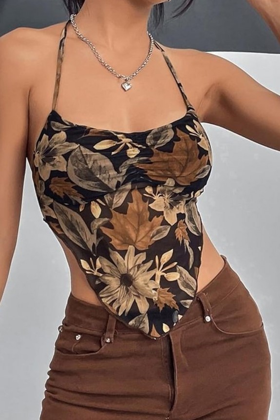 Floral Print Tie Backless Hanky Hem Halter Top