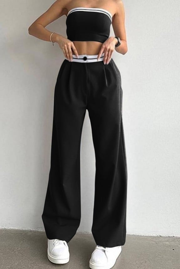 Set Of 2 - Black Crop Top With Flared Trouser