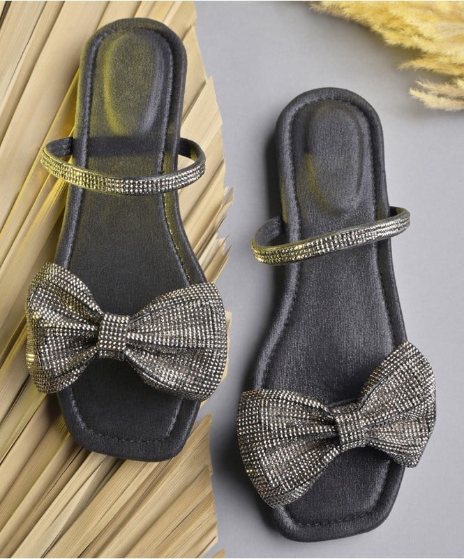 Shimmer bow strappy flats
