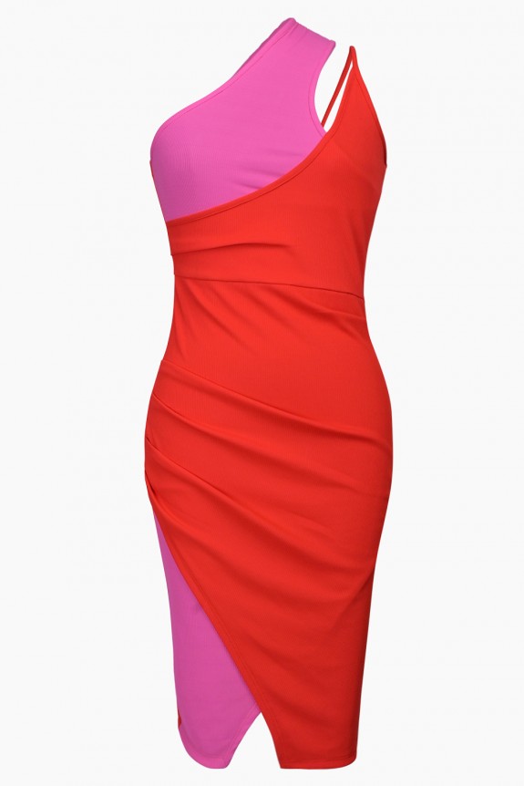 Two Tone One Shoulder Ruched Asymmetrical Hem Dress