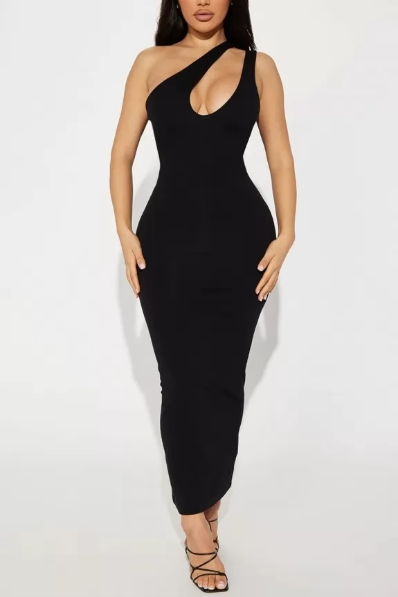 One Shoulder Mesh Mini Dress in Black | Glassons