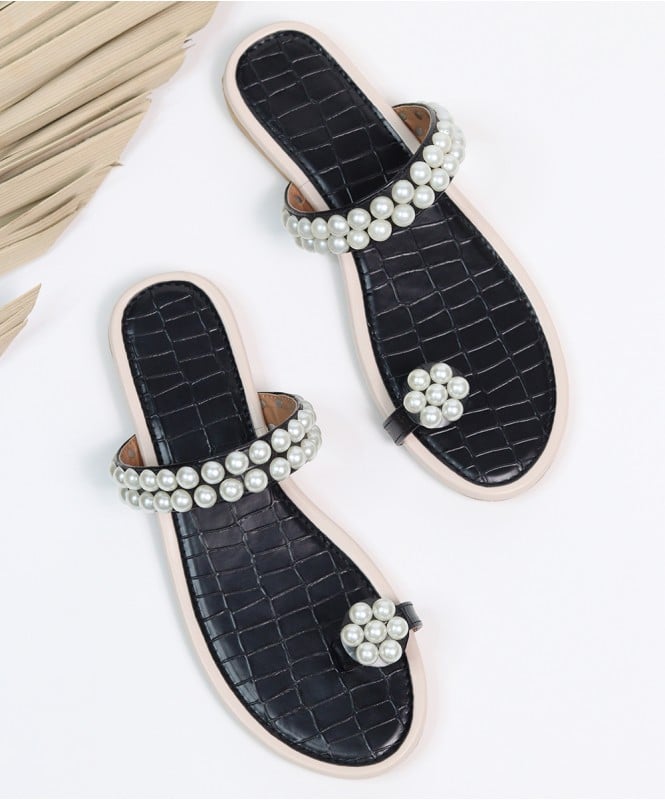 Black & White pearl strap flats