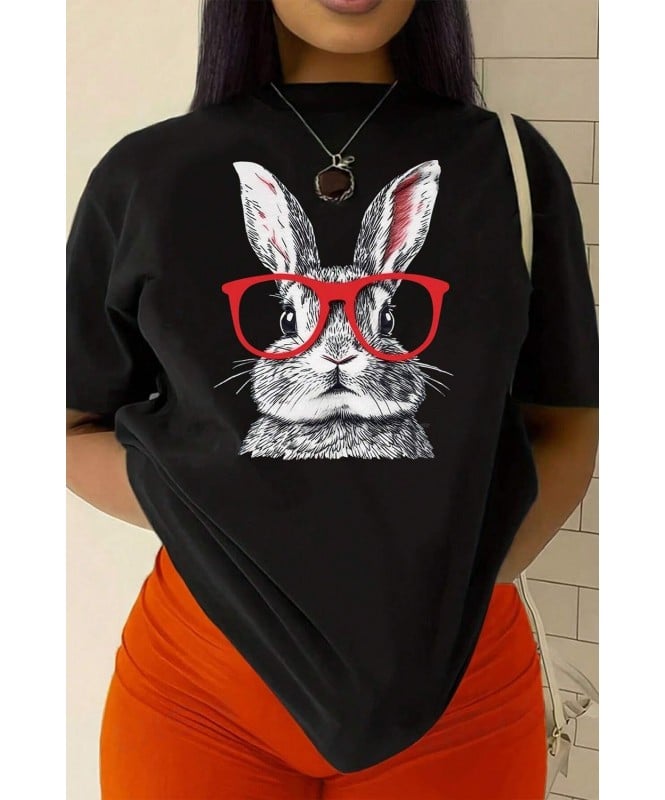 Rabbit Printed Round Neck Short Sleeve T-Shirt