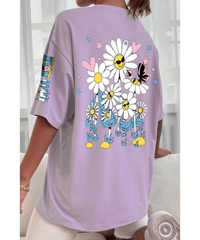Floral & Butterfly Print Drop Shoulder Oversized Tee