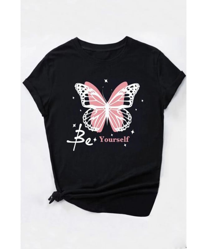 Butterfly And Text Print T-Shirt