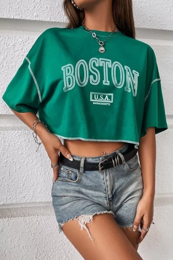 Dark Teal Green Boston Typography T-Shirt