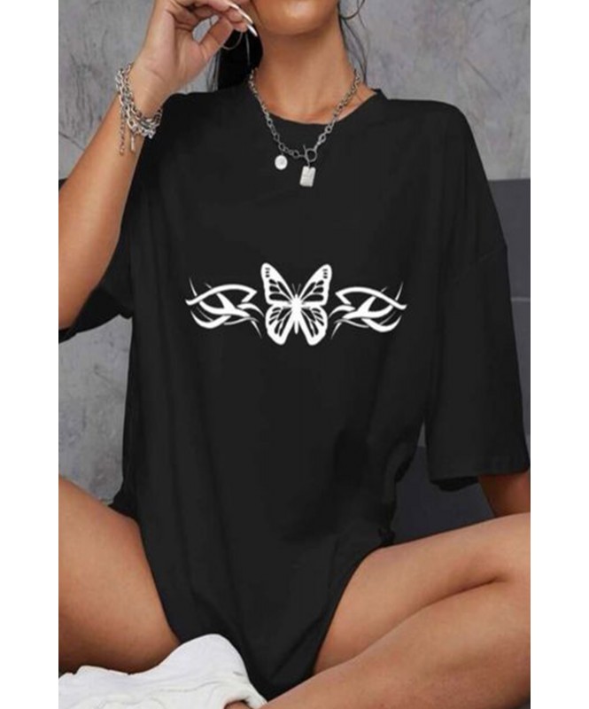 Long Sleeve Black Graphic Butterfly T-Shirt
