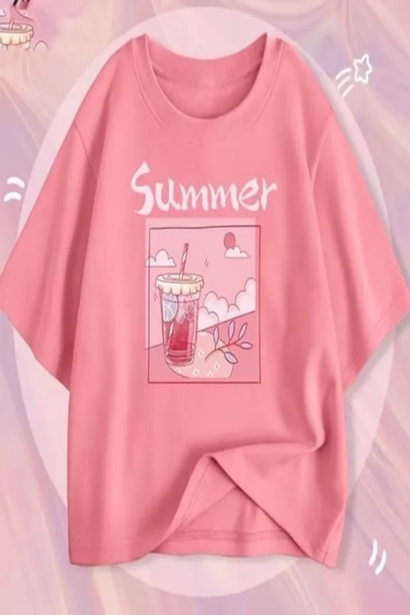 Peach Summer Lose Fit Monotone Graphic T-Shirt