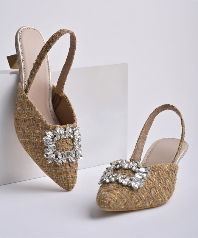 Weaved tweed embellished heels