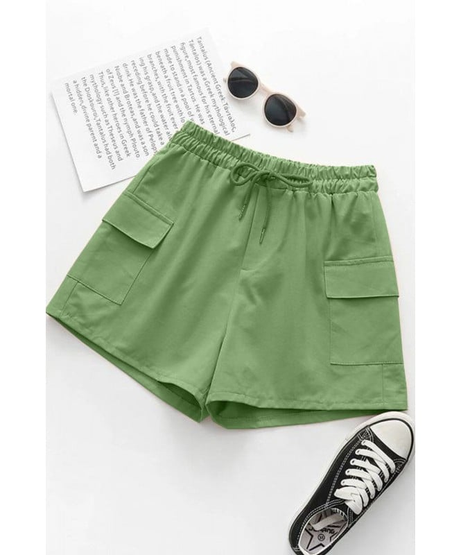 Solid Women Green High Waist Shorts