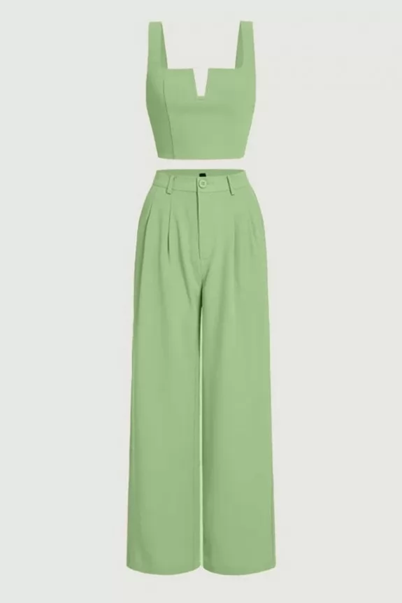 Set of 2-Green Crop Top With Flared Formal pants