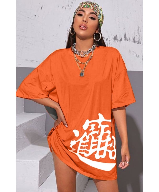 Neon Orange Letter Graphic Oversized Tee Dress