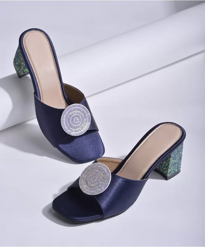 Blue satin embellished heels 