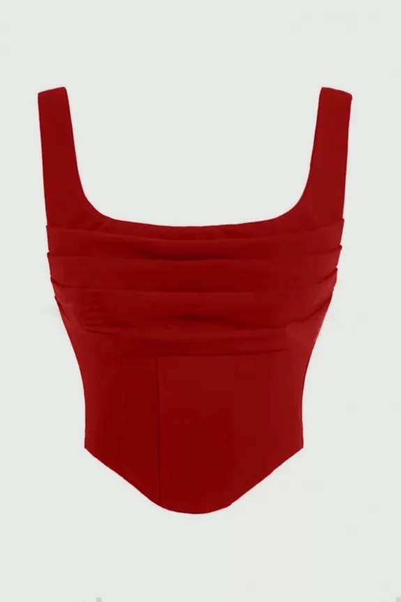 Red Solid Ruched Back Crop Top