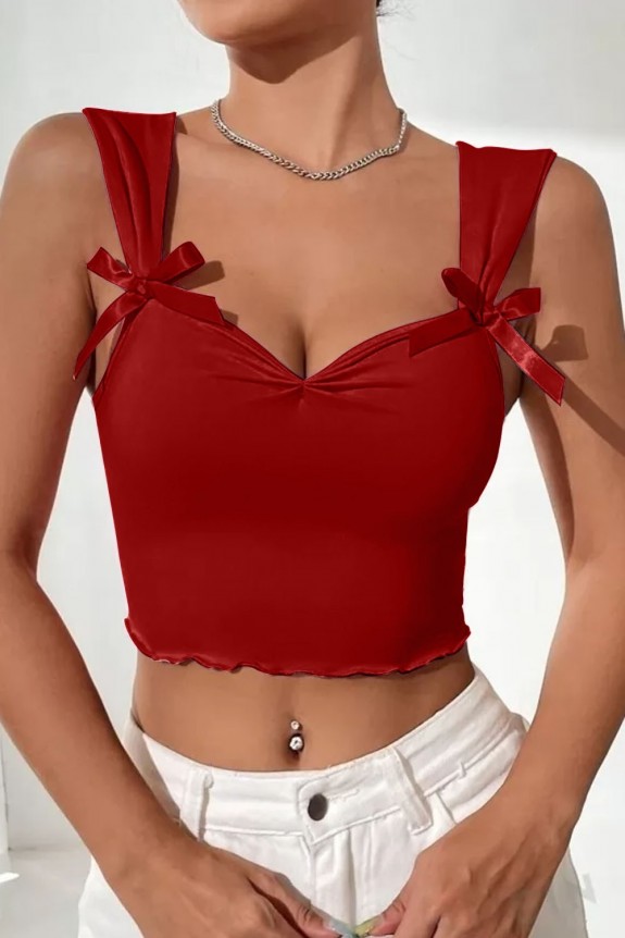 Red Bow Front Lettuce Trim Crop Wide Strap Top