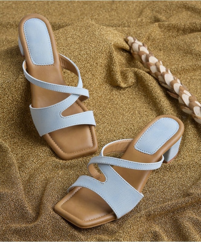 Blue textured strap heels