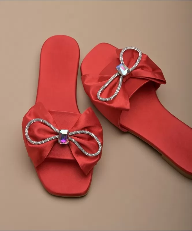 Red satin bow flats 