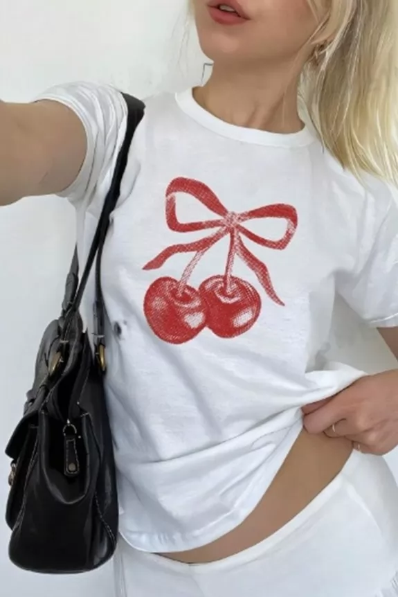 Cherry And Bowknot Printed Regular T-Shirt