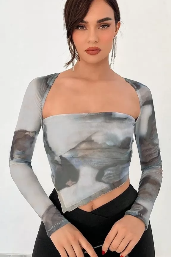 Grey Brushing Print Mesh Crop Top