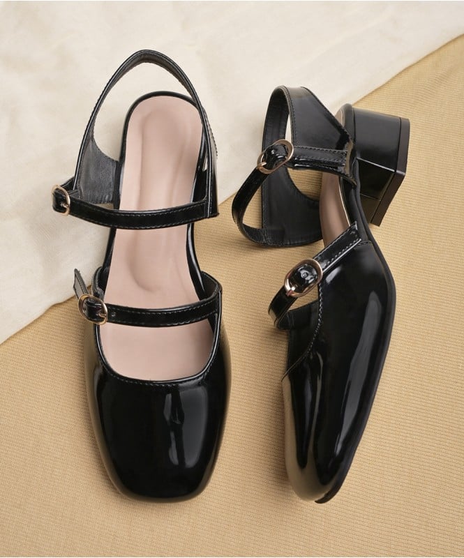 Black patent dual strap heels