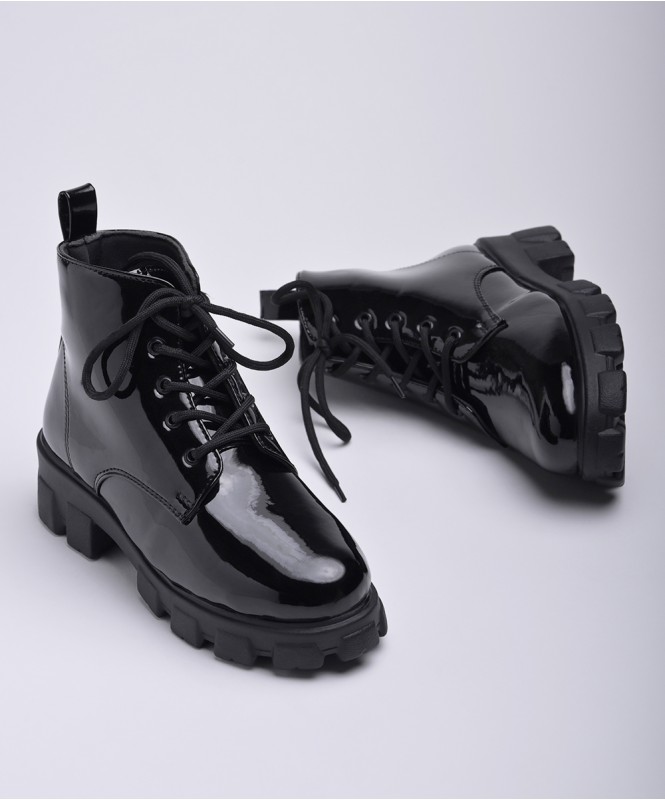 Black patent chunky boots