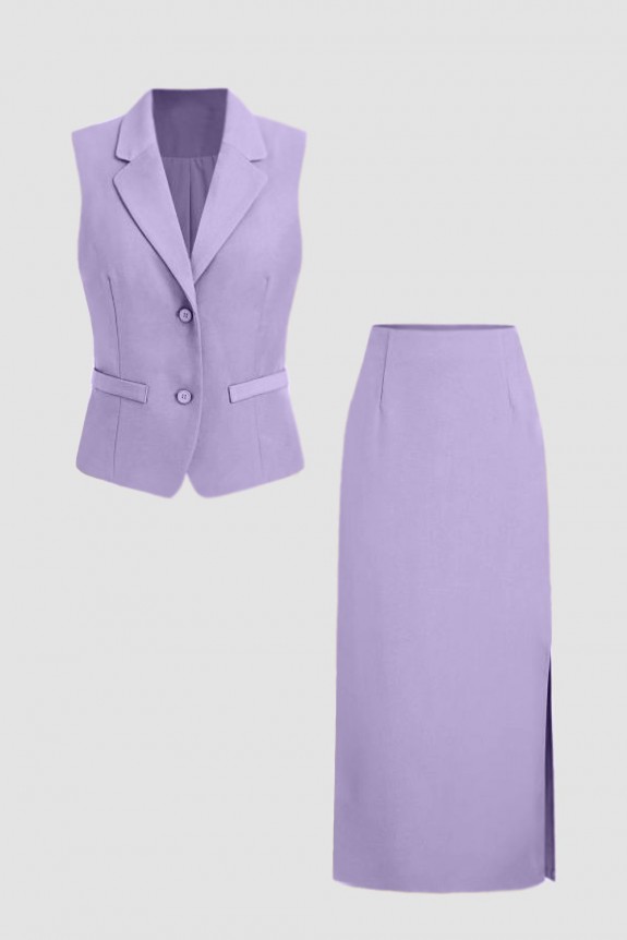 Set Of 2- Purple V-Neck Solid Button Waist Coat With Split Long Skirt