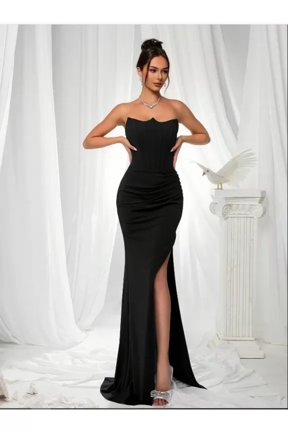 Pleated Strapless Elegant Evening Dress With Crisscross Tie At Back And Side Slit