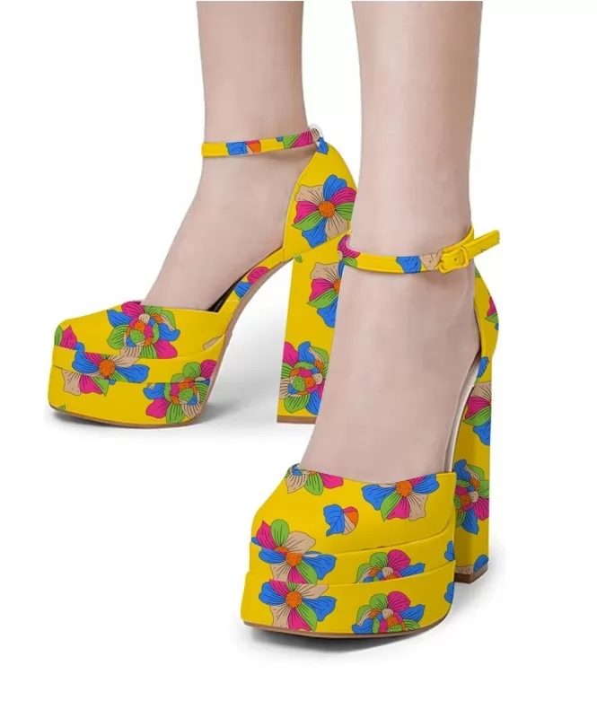 Yellow Floral Printed Platform Heels Street Style Store SSS