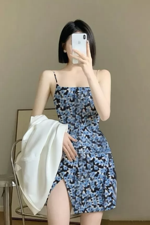 Chanel Inspired Blue Floral Printed Mini Dress
