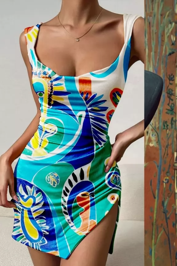 Printed Wide Neck Slit Mini Dress