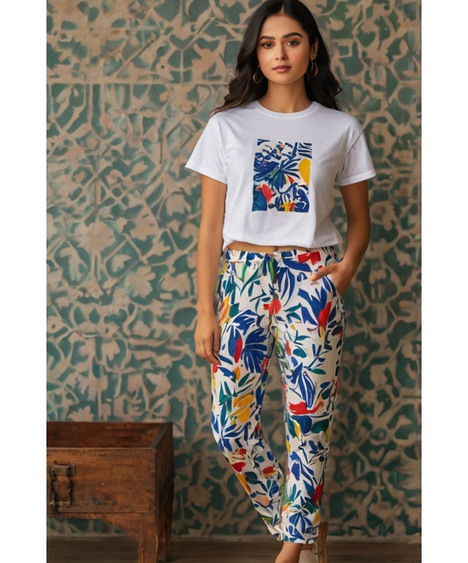 Set of 2:- Matisse Inspired White Crop Tee With Multi Printed Trouser