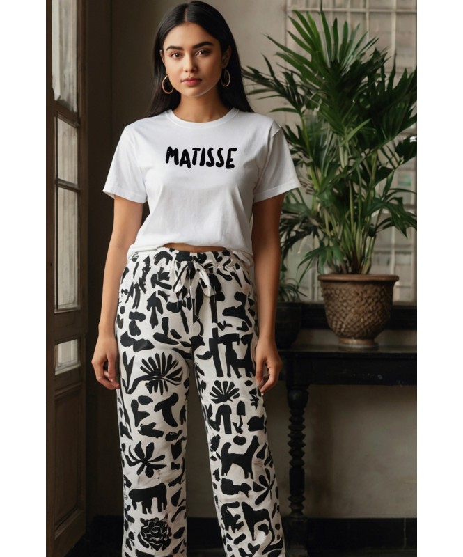 Set of 2:- Matisse Inspired White Tee With White Art Printed Trouser